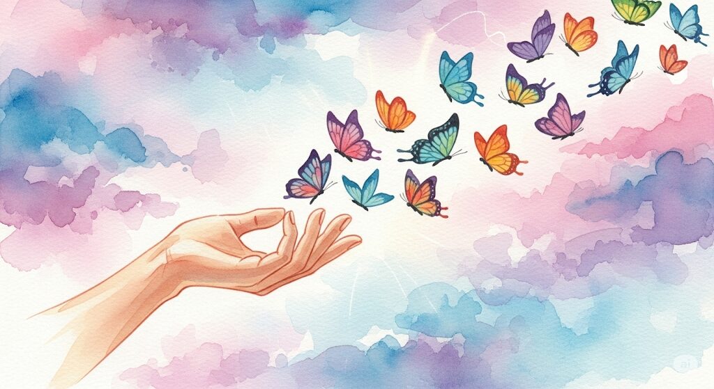 願いへの過度な執着を手放す概念を表現した抽象的な画像で、幻想的な光と流れるような色彩が特徴です。