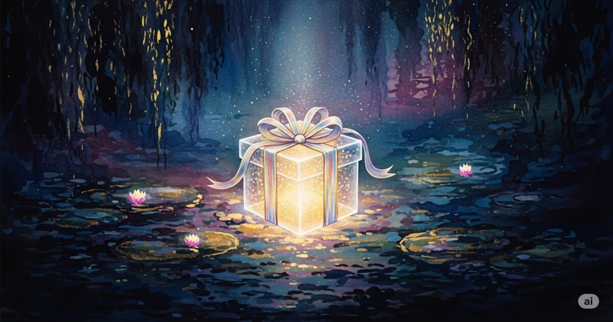 水面に浮かぶギフトボックスが光を放つ幻想的な絵。「負けるが勝ち」というスピリチュアルな真実を象徴している。
