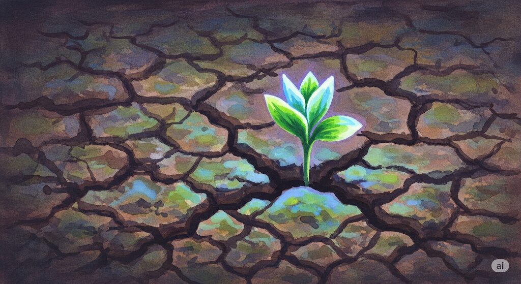 ひび割れた大地から力強く芽吹く若葉の絵。「負けるが勝ち」というスピリチュアルな魂の成長機会を表現。