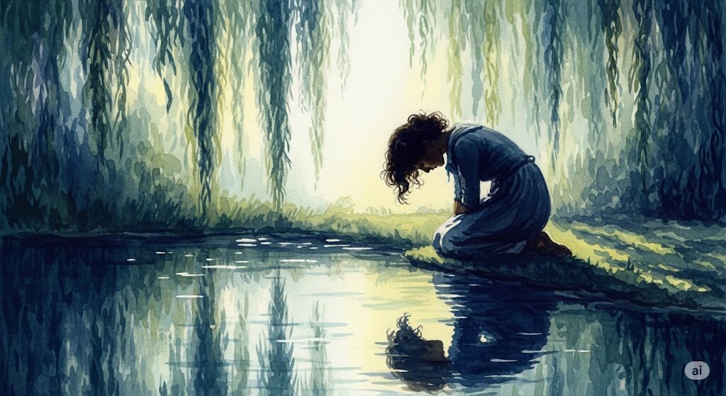 水辺で静かに膝まずき祈る人物の絵。「負けるが勝ち」というスピリチュアルな謙虚さの重要性を示す。