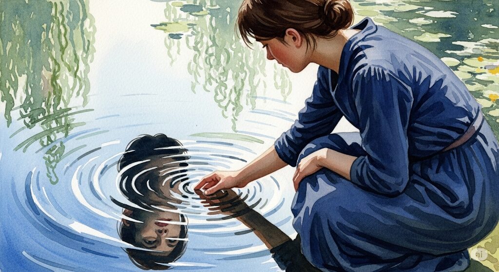 水面に映る自分の影に優しく触れる人物の絵。「負けるが勝ち」というスピリチュアルな自己受容のプロセスを象徴している。