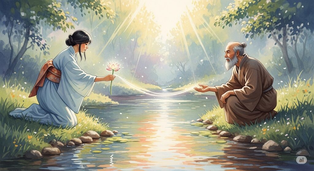 光が差し込む穏やかな水辺で、蓮の花を差し出す女性とそれを受け取る男性の絵。「負けるが勝ち」というスピリチュアルな人間関係における調和の姿勢を表現。