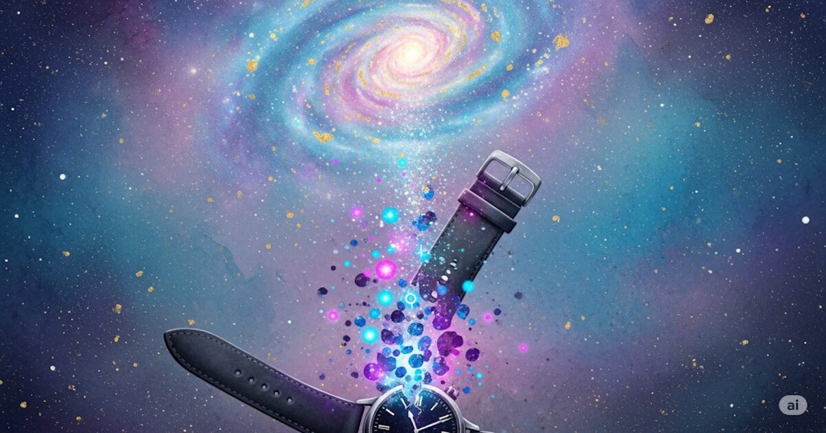 時計のベルトが切れる縁起が、宇宙からの祝福であることを示す神秘的な画像。壊れた腕時計から放たれる光の粒子が、新しい始まりの幸運を象徴しています。