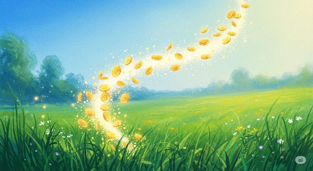 時計のベルトが切れる縁起が金運上昇の前触れであることを象徴する、金のコインが舞い上がる画像。幸運が訪れ、経済的な状況が好転することを示唆しています。