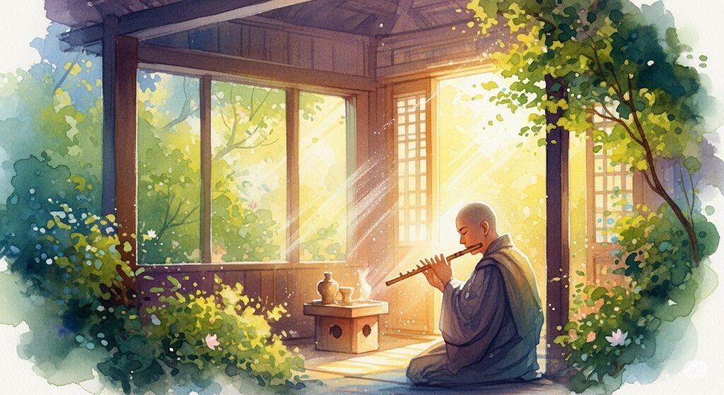 神社で笛の音が聞こえるスピリチュアルな祝福の瞬間を描いた水彩画。木漏れ日が差す静かな和室で、僧侶が心を込めて笛を奏でる、神聖で穏やかな情景。