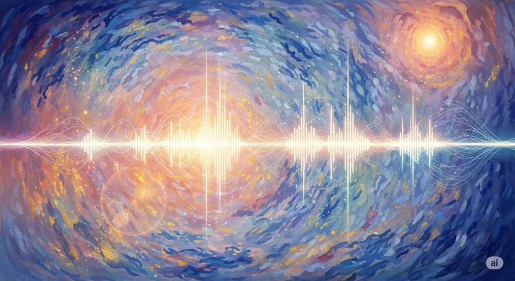 高次元から笛の音が聞こえるスピリチュアルな導きを抽象的に描いたアート。宇宙のような空間に広がる光と音の波形が、目に見えない存在からのメッセージを象徴する。