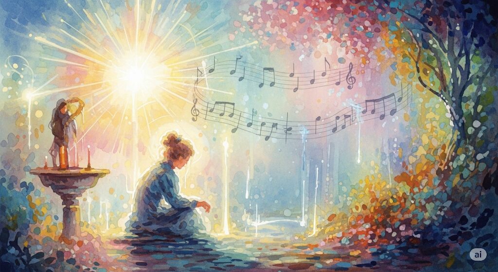 笛の音が聞こえるスピリチュアルな目覚めの前兆を捉えたイラスト。輝く光の中で、女性が天からの啓示を受け、音符と共に魂が覚醒する感動的なシーン。