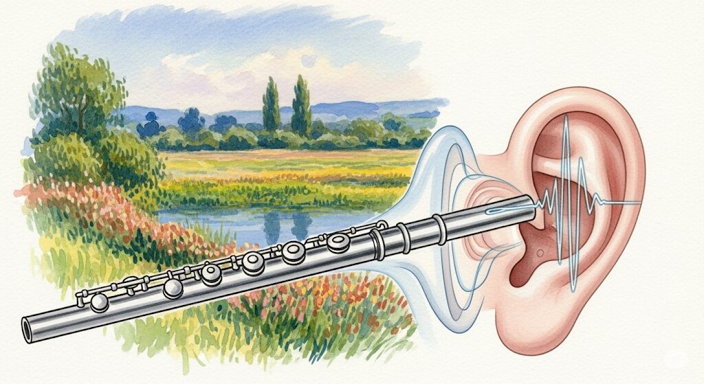 笛の音のような耳鳴りの物理的な原因を示唆するイラスト。人の耳に音波が入る様子が描かれ、スピリチュアルなサインだけでなく健康面への配慮を促す。