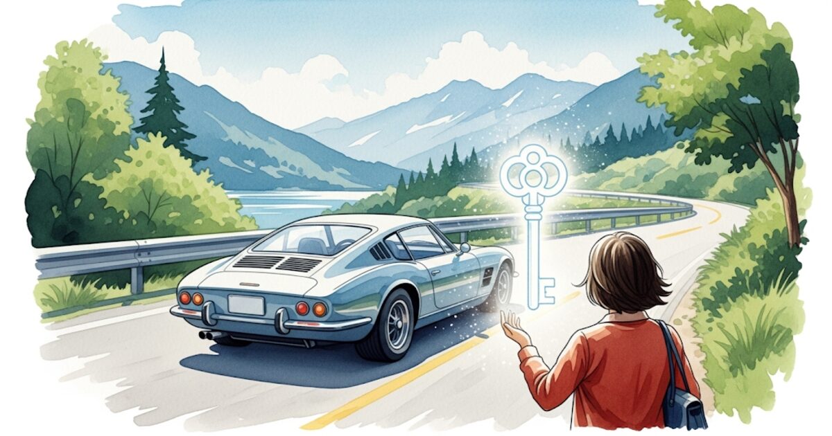 スピリチュアルな車の購入タイミングを象徴する、光り輝く鍵と美しい道に佇む車が描かれた神秘的な水彩画。