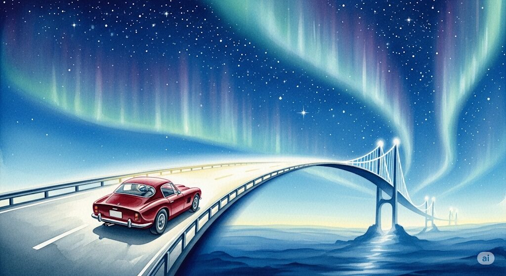 車によって行動範囲が広がり、人生の可能性が拡大するスピリチュアルな変化を表現した幻想的な水彩画。