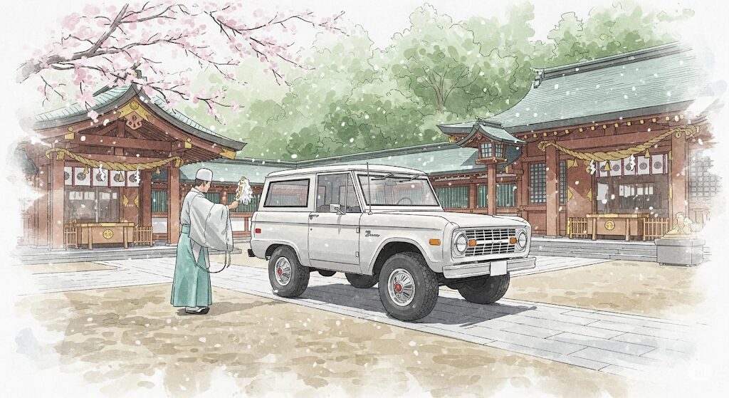 神社でレトロなSUVを神主がお祓いする、交通安全とスピリチュアルな浄化を象徴する幻想的な水彩画。