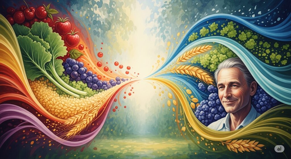 食べ物が持つ生命エネルギーと人の波動が共鳴し合う様子を表現したスピリチュアルな水彩画。新鮮な果物や穀物から放たれる色とりどりの光と、人物から発せられるオーラが調和し、一つに溶け合っています。