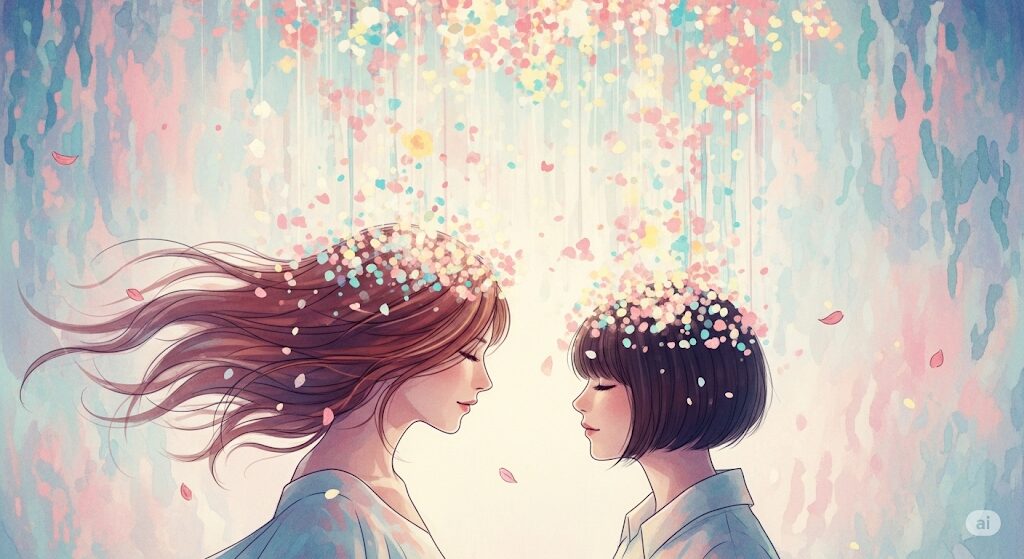 恋愛運の上昇と新しい出会いの兆候をイメージしたロマンチックな水彩画。柔らかな光が花びらのように降り注ぐ中で、二人の人物が運命的に出会うスピリチュアルな瞬間が、夢のような雰囲気で描かれています。