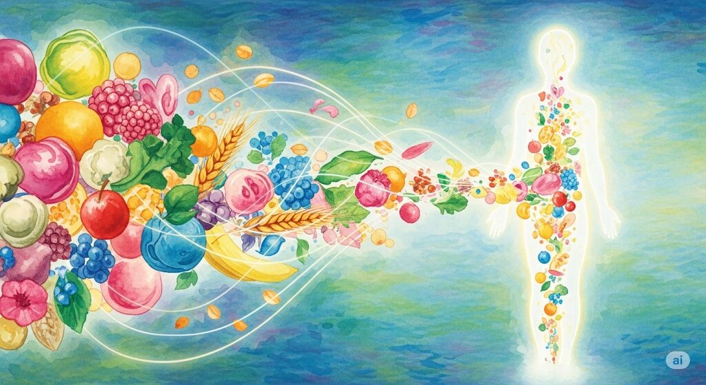 体が本能的に求める栄養素と健康運の向上をテーマにしたスピリチュアルな水彩画。色とりどりの食べ物を象徴する抽象的な形から、光の線が伸びて輝く人のシルエットに繋がり、心身が満たされていく様子を描いています。