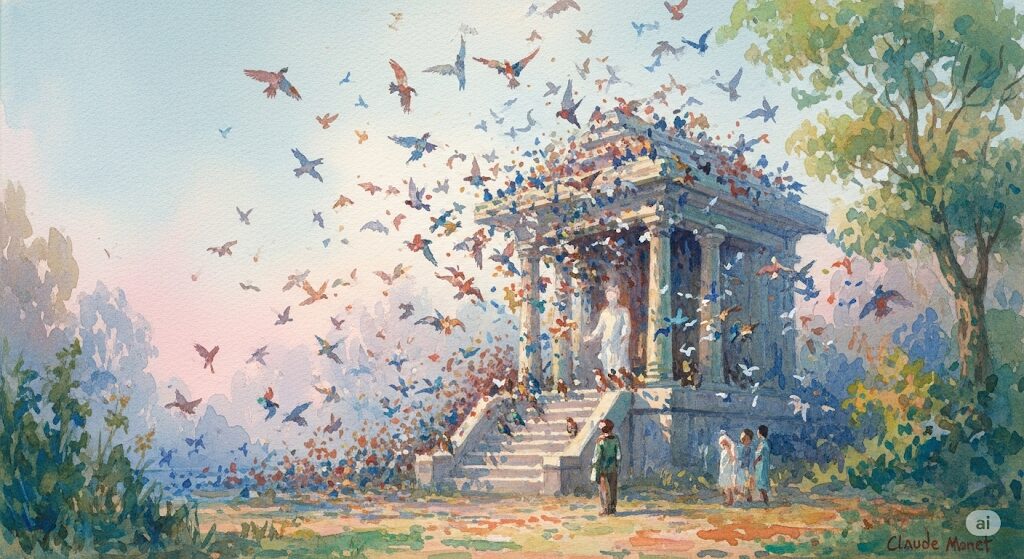 神社で鳥の鳴き声を聞くスピリチュアルな体験を象徴する水彩画。神聖な社殿の周りを鳥たちが祝福するように飛び交っている。