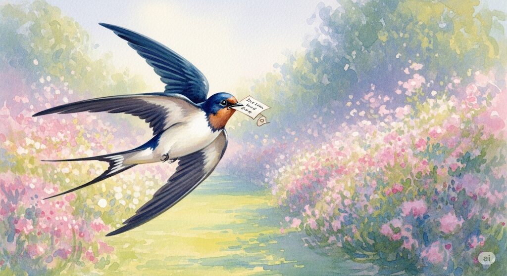 幸運の象徴であるツバメが示すメッセージをテーマにした水彩画。花々が咲く中を優雅に飛ぶツバメが、良い知らせを運んでくる様子を描いている。