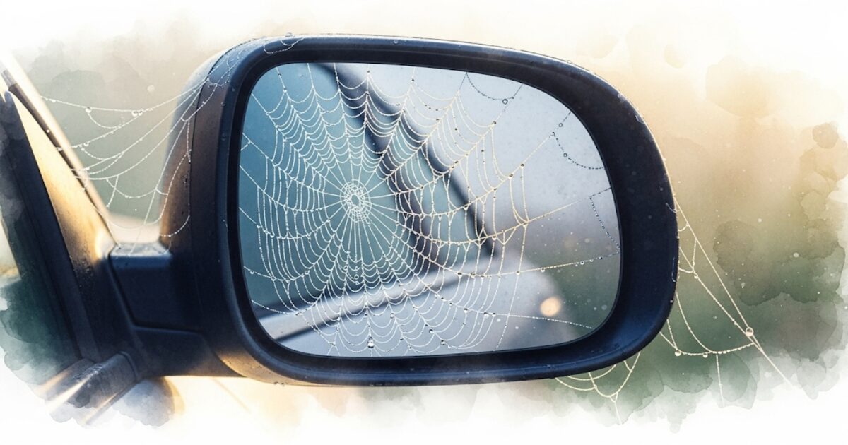 車のサイドミラーにできた蜘蛛の巣が朝露に輝く、スピリチュアルな奇跡の前兆を描いた水彩画。