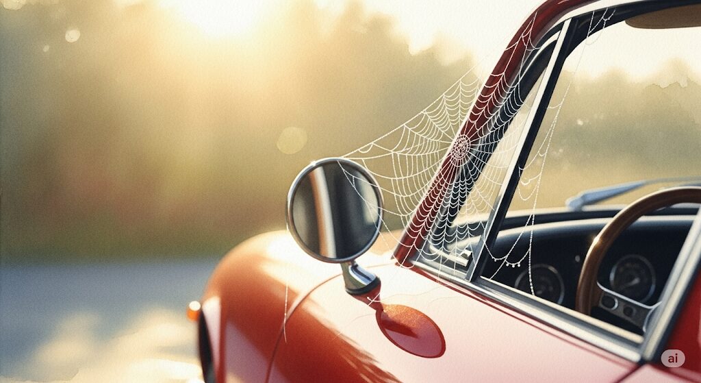 車に蜘蛛の巣ができた幸運のメッセージを象徴するスピリチュアルな光景。金色の太陽光を浴びる様子の水彩画。