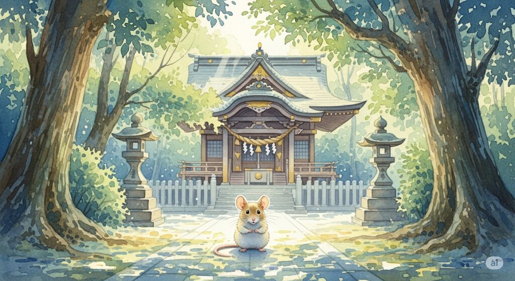 神社で出会う灰色ネズミのスピリチュアルな意味。神聖な場所でメッセージを伝える神の使いとして描かれたモネ風水彩画。