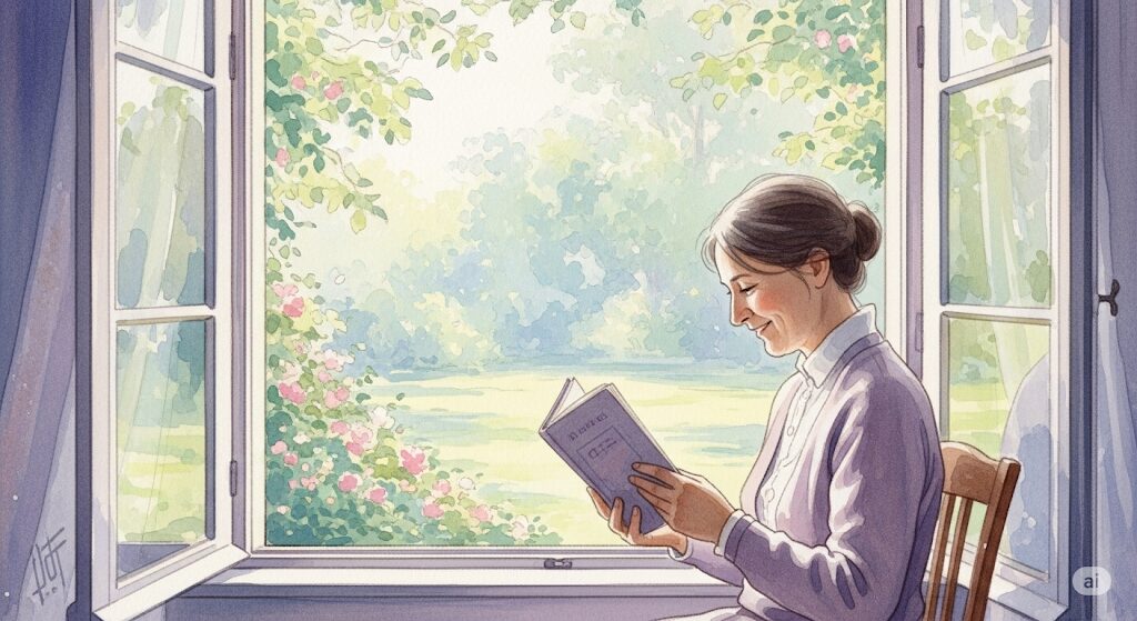 シンプルな服で読書を楽しむ女性。服に興味がなくなったスピリチュアルな価値観の変化を表す穏やかな水彩画。