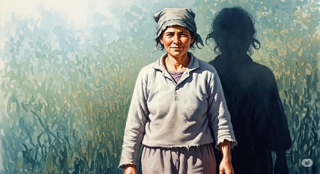 内なる光で影を払いのける人物。服に興味がなくなったスピリチュアルな心境と貧乏オーラを気にしない強さを描いた水彩画。