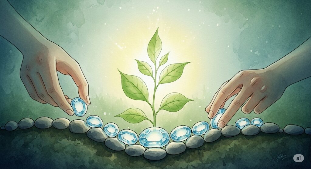 誤解されやすいスピリチュアルな世界で信頼を築くことの重要性を、輝く石で土台を作り植物を育てる様子で描いた水彩画。