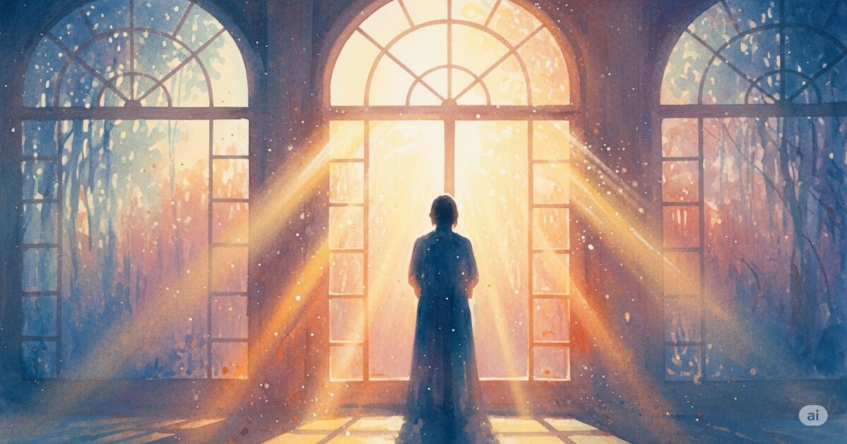 朝起きて思い出す人のスピリチュアルな意味を象徴する、窓からの光の中に立つ人物の神秘的な水彩画。