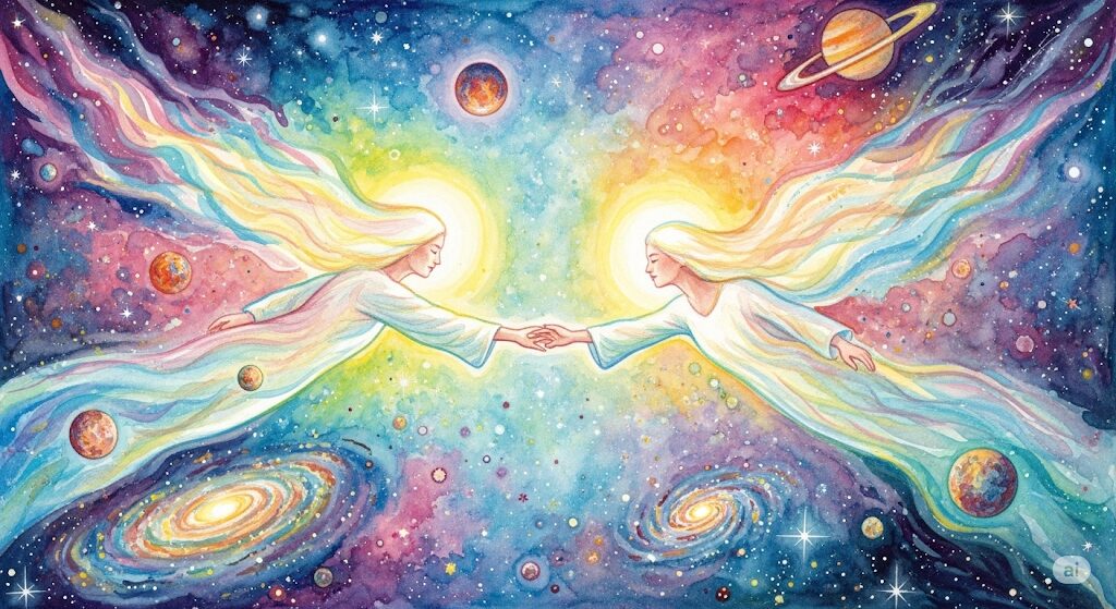 朝起きて思い出す人がツインレイであるスピリチュアルなメッセージ。宇宙で手を繋ぐ二つの魂を描いた水彩画。