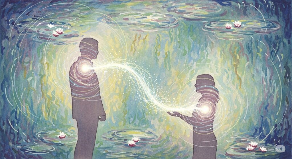 朝起きて思い出す人からのスピリチュアルな念のサイン。二人の間でエネルギーが交流する様子の水彩画。