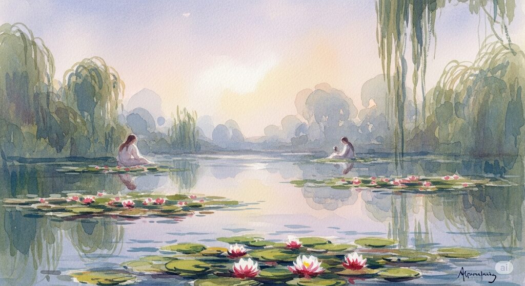 「動きたいのに動けない」のは魂の休息サイン。スピリチュアルな静けさを描いた、睡蓮が浮かぶ池のほとりで休む人々のモネ風水彩画。