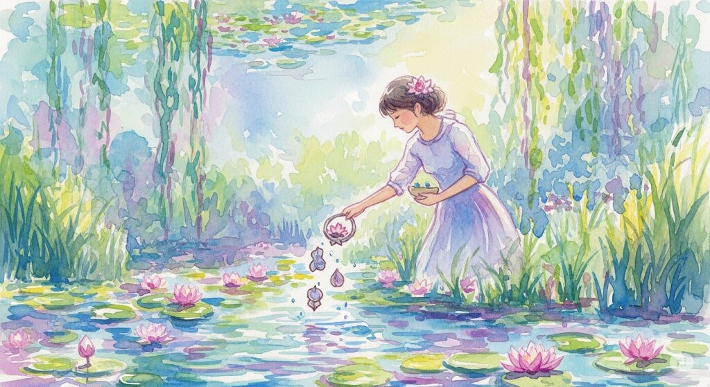 「動きたいのに動けない」状況から抜け出すスピリチュアルな手放し。不要な感情を水に流す女性を描いた、癒やしのモネ風水彩画。