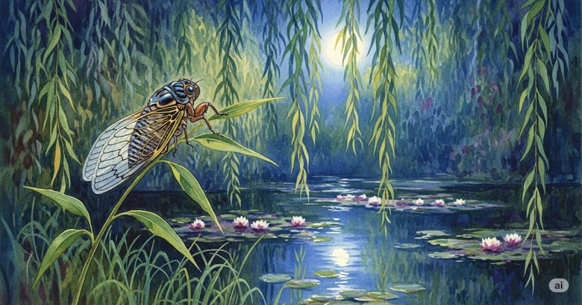 月夜に照らされた池のほとりで柳の葉に止まるセミの絵。夜にセミが鳴く スピリチュアルな情景を、モネ風の幻想的な水彩画で表現した作品。