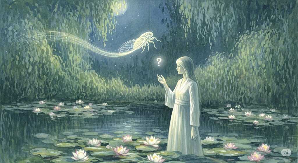 神秘的な池で光るセミに女性が問いかける様子の絵画。夜にセミが鳴く スピリチュアルな縁起について、モネ風の絵で表現したアート。