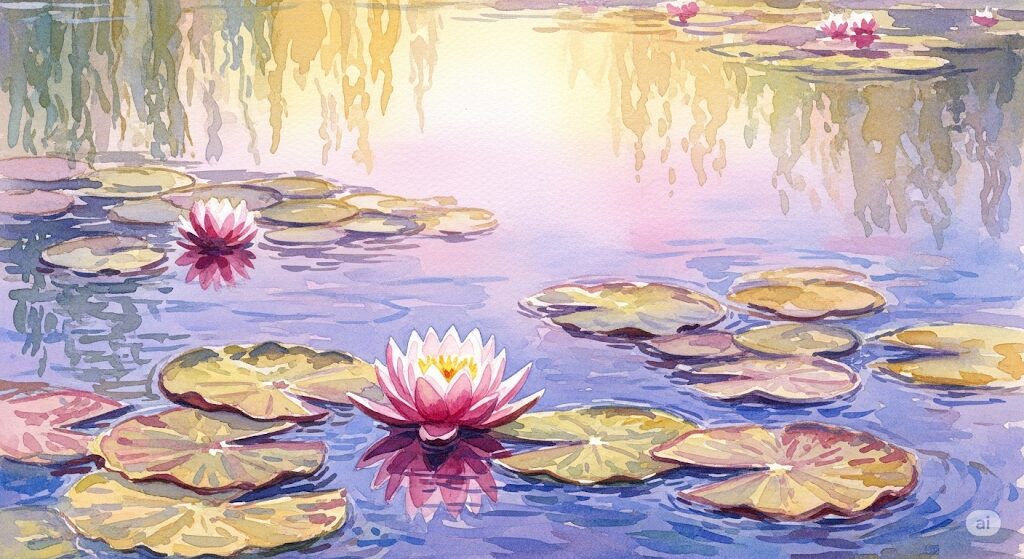 恋愛運の上昇を象徴する蓮の花のイラスト。夜にセミが鳴く スピリチュアルなサインのように、恋の進展を予感させるモネ風の水彩画。
