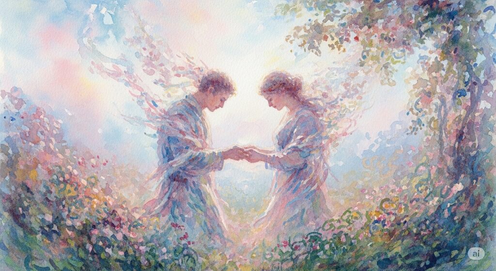 ツインレイの魂の共鳴を描いた絵画。夜にセミが鳴く スピリチュアルな体験のように、運命的な出会いを表現したモネ風の作品。
