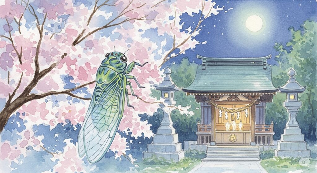 神社の桜の木にセミが止まっているイラスト。夜にセミが鳴く スピリチュアルな意味や、神聖なメッセージを象徴する幻想的な一枚。