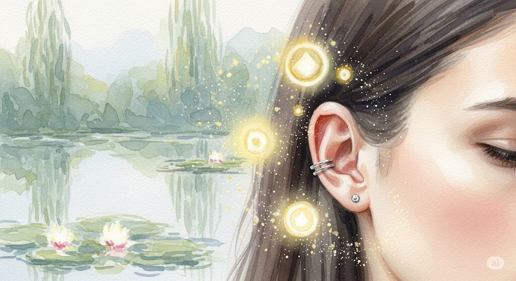 副耳がもたらす幸運のジンクスをイメージしたスピリチュアルな絵。耳の周りを金色の光の粒子が包み込み、幸運を引き寄せる様子。