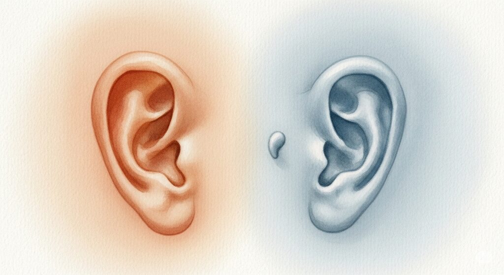 福耳と副耳のスピリチュアルな意味の違いを比較した水彩画。福耳の持つ豊かさと、副耳の持つ天与の才能を色彩で表現。