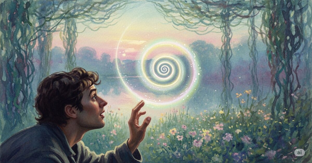 なぜか螺旋に惹かれるスピリチュアルな意味を象徴する、幻想的な風景の中で輝く螺旋を見つめる人物のイラスト