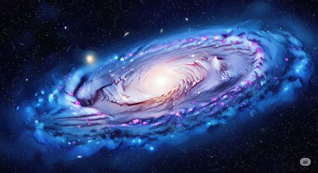 宇宙に存在する螺旋エネルギーの壮大さと、そのスピリチュアルな意味を示す、美しい渦巻銀河のイラスト