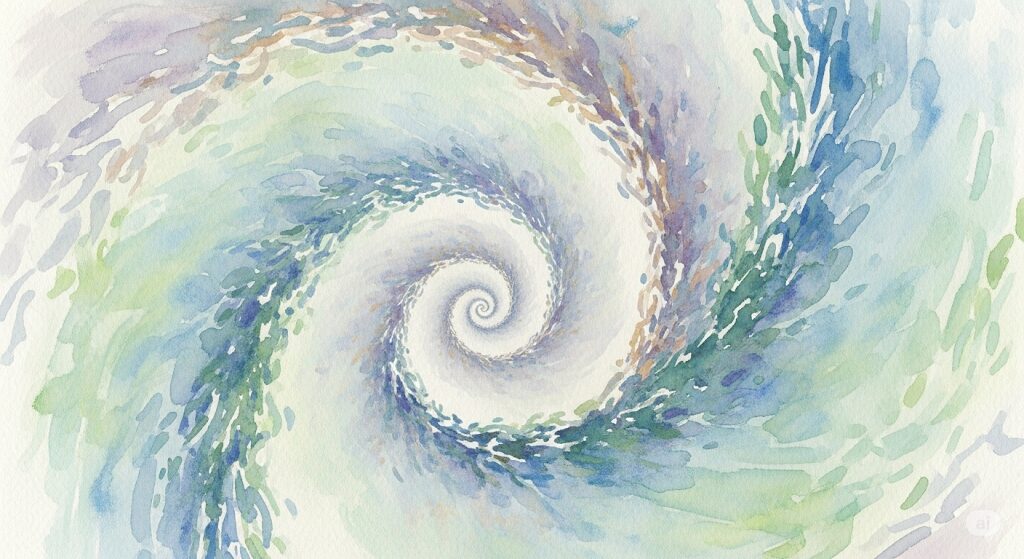 モネの水彩画のような神秘的な螺旋の抽象画。