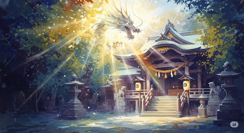 神社に降臨する龍神のエネルギー。写真に写る白い帯状の光が持つ神聖な意味を描いたモネ風の水彩画。