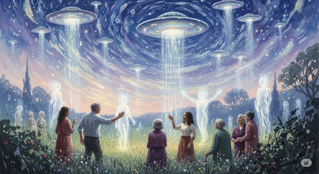 UFOと高次元存在との交信シーン。写真に写る白い帯状の光が持つ未知との遭遇という意味を示すモネ風の水彩画。