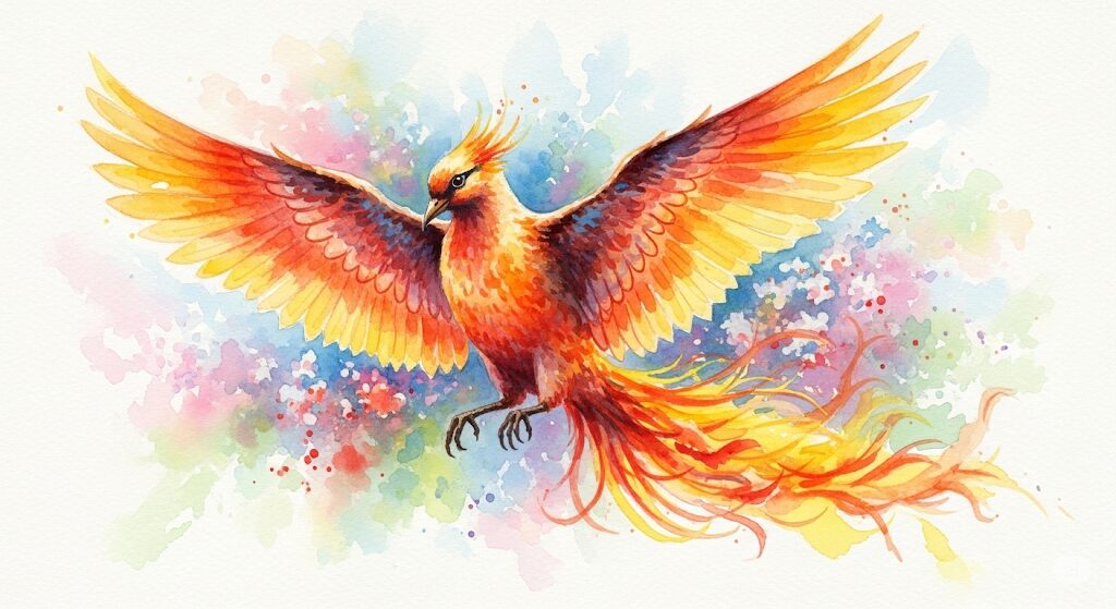日本の伝承における火の鳥とフェニックスのスピリチュアルな意味の関連性を描いた、美しいモネ風水彩画。