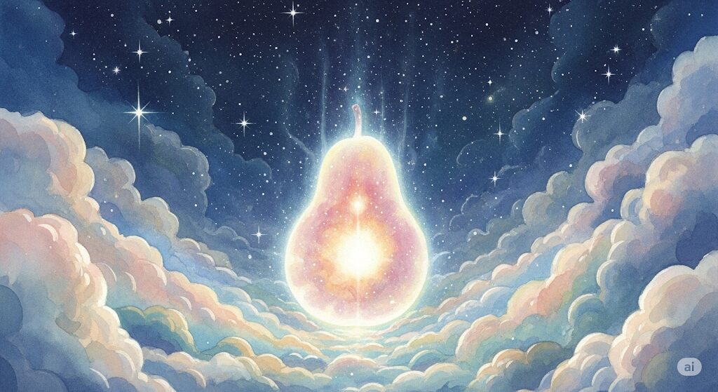 梨の夢が持つスピリチュアルな意味を表現した水彩画。星空と雲の中に、神秘的に光る梨が浮かんでいる。