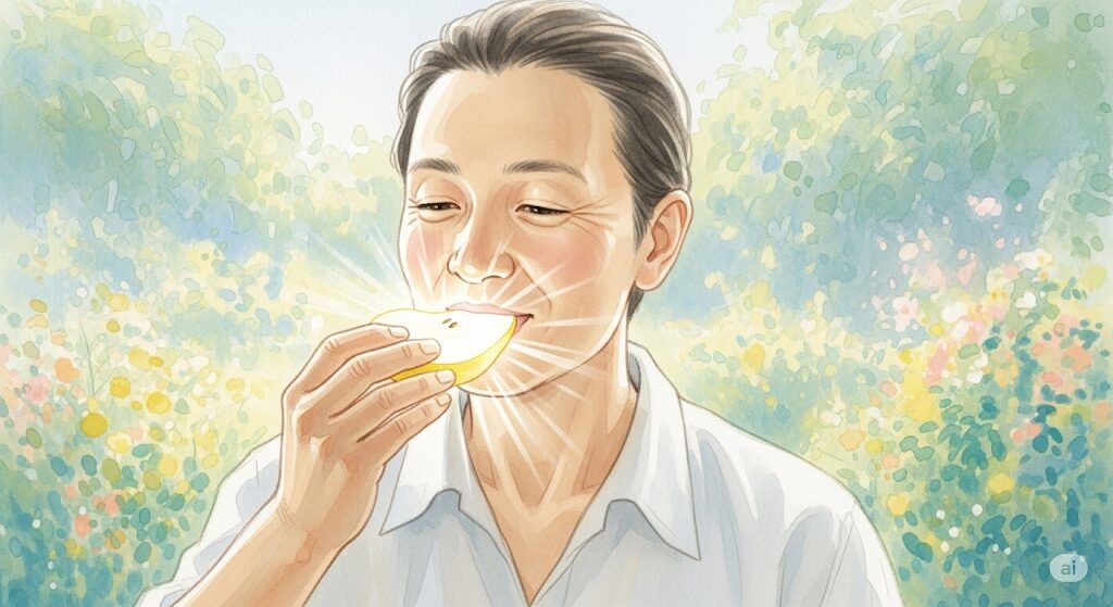 梨を食べることのスピリチュアルな意味を表す画像。光る梨を穏やかな表情で食べる人物が、幸運のエネルギーを取り込んでいる様子。
