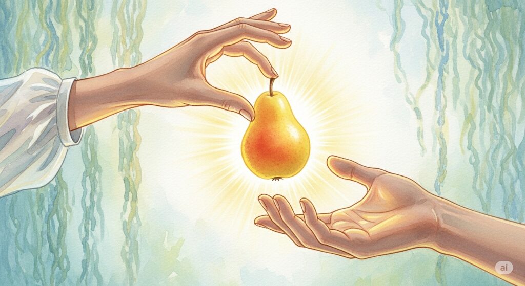梨をもらうことのスピリチュアルな意味を描いた水彩画。片方の手がもう一方の手に光る梨を優しく手渡し、幸運のメッセージを伝えている。