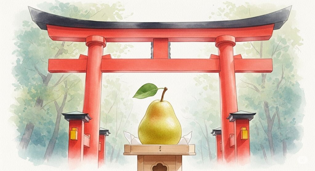 神社との繋がりという「梨 スピリチュアル 意味」をテーマにした絵。鳥居を背景に、お供え物として置かれた神聖な梨。