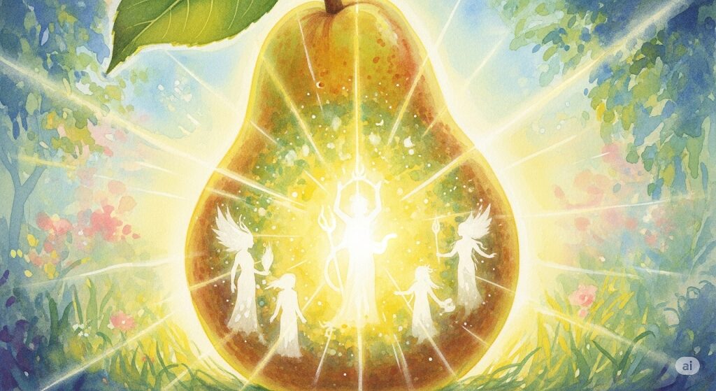 梨に宿る神様のエネルギーというスピリチュアルな意味を表現したイラスト。梨の中から神々しい光と神様のシルエットが放たれている。