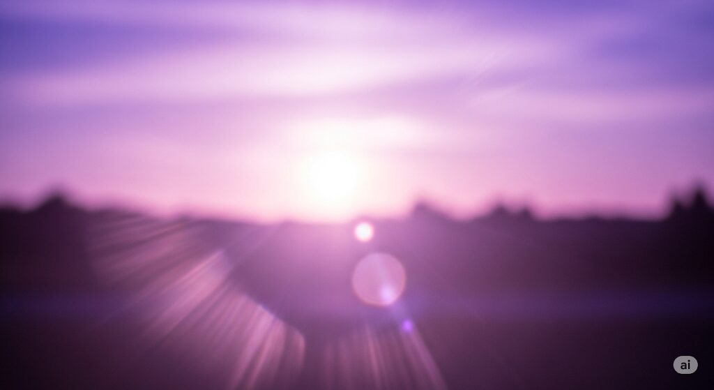 写真に紫の光が写る原因の一つ、レンズフレアを表現したモネ風水彩画。スピリチュアルな現象と見分けるための比較として、太陽光が作り出す幻想的な光の輪を描いています。